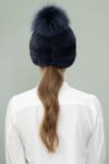 dark purple mink fur hat with fox fur pom-pom