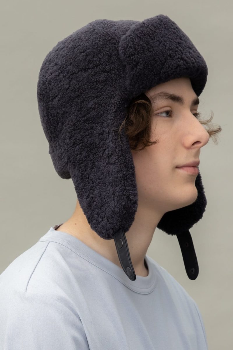 dark purple sheepskin hat with ears