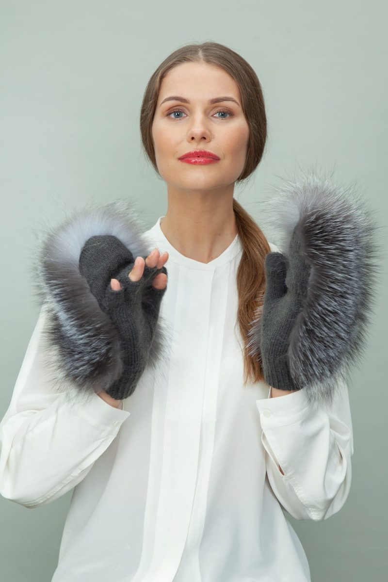 gray wool mittens with silver fox fur