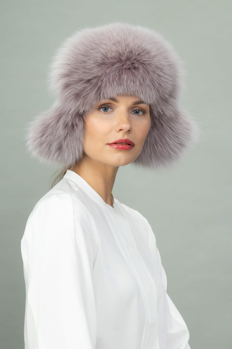 purple fox fur puffy hat
