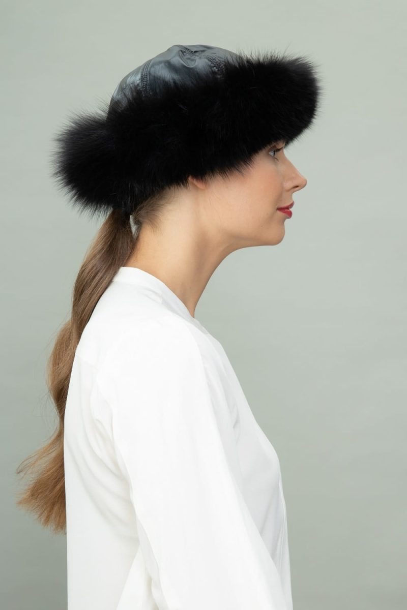 round black fox fur puffy hat