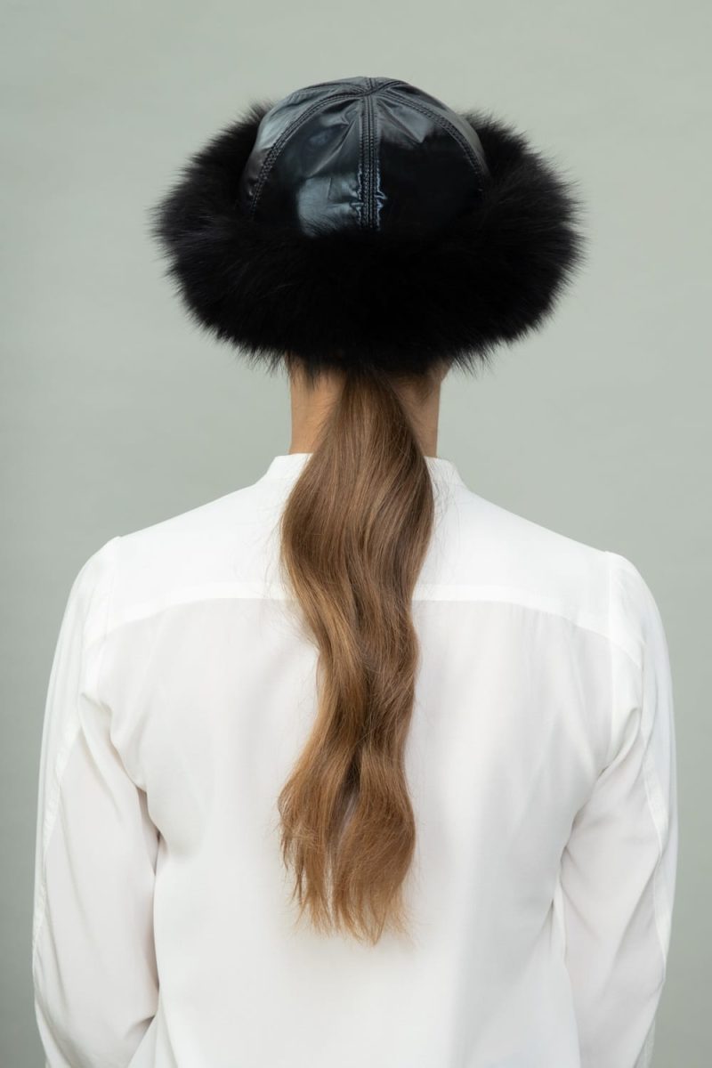 round black fox fur puffy hat