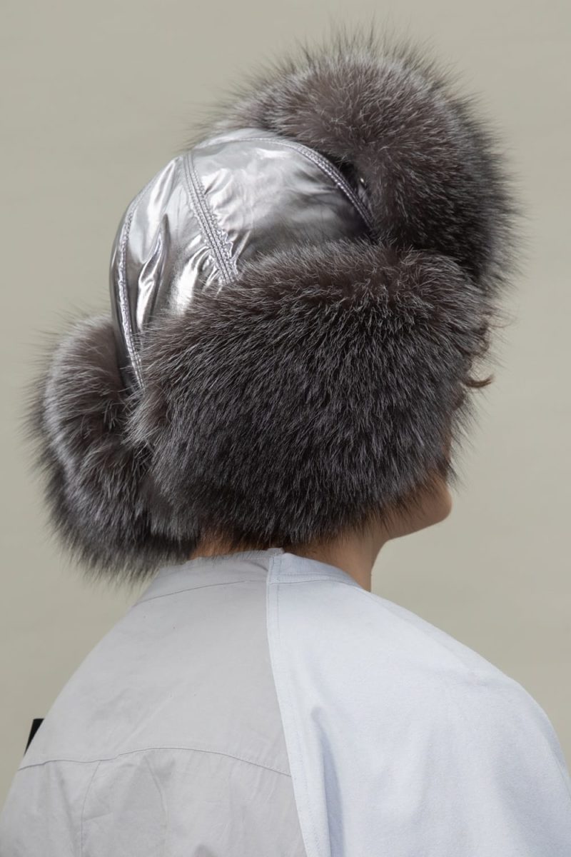 silver fox fur and silver puffy padding hat with ear flaps