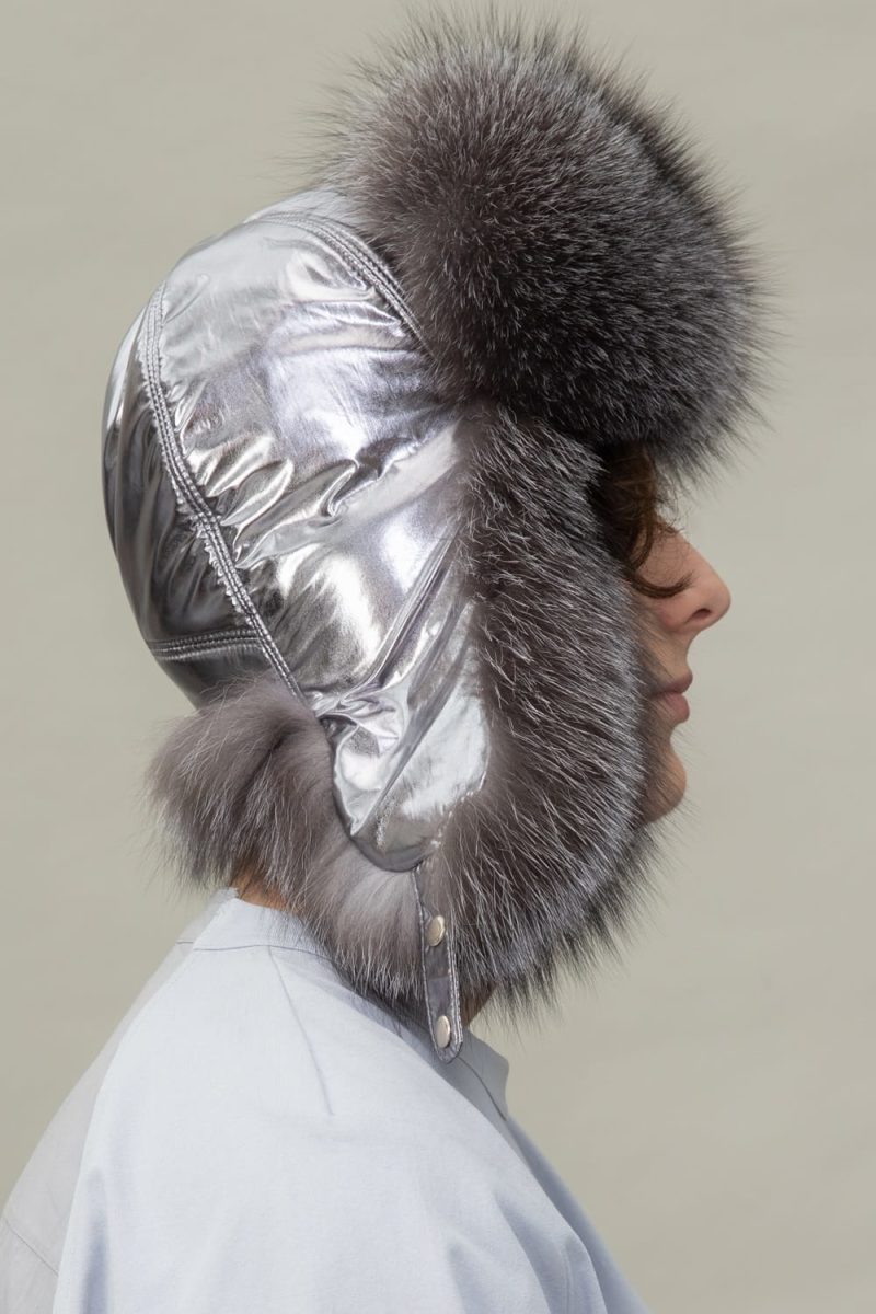 silver fox fur and silver puffy padding hat with ear flaps