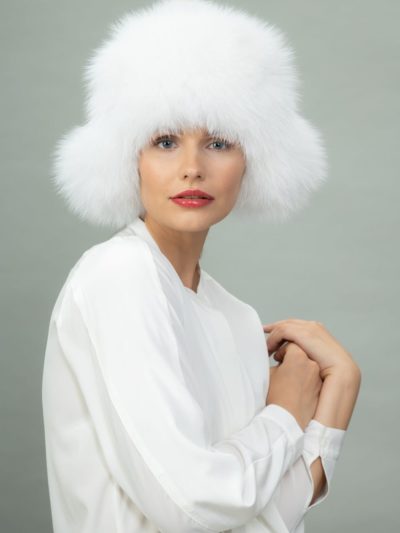 white fox fur puffy hat
