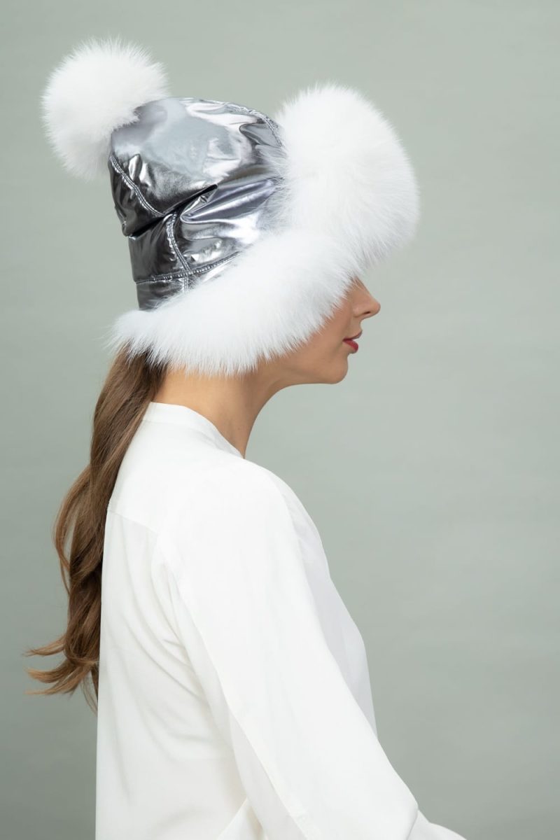 white fox fur puffy hat
