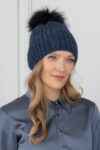 Handknit Dark Blue Wool Hat with Fox Fur Pom-Pom