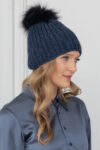 Handknit Dark Blue Wool Hat with Fox Fur Pom-Pom