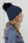 Handknit Dark Blue Wool Hat with Fox Fur Pom-Pom
