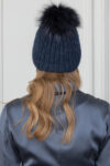 Handknit Dark Blue Wool Hat with Fox Fur Pom-Pom