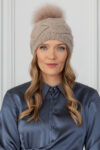 Brown Handknit Angora Wool Beanie Hat with Fox Fur Pom-Pom