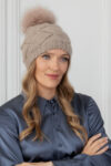 Brown Handknit Angora Wool Beanie Hat with Fox Fur Pom-Pom