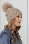 Brown Handknit Angora Wool Beanie Hat with Fox Fur Pom-Pom