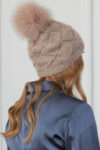 Brown Handknit Angora Wool Beanie Hat with Fox Fur Pom-Pom