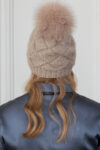 Brown Handknit Angora Wool Beanie Hat with Fox Fur Pom-Pom