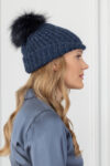 Handknit Dark Blue Wool Hat with Fox Fur Pom-Pom